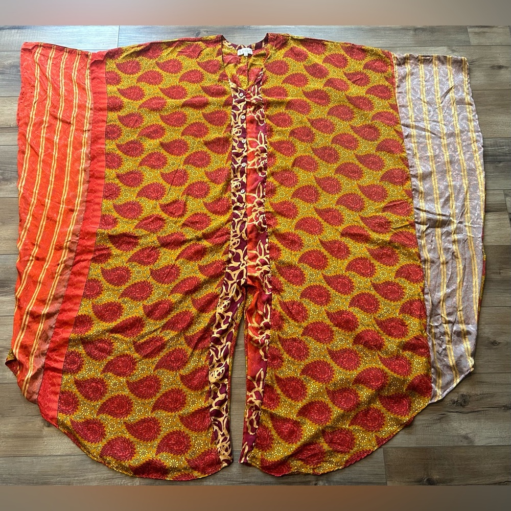 Kantha Bae stunning gold red multicolored sari Bowie romper caftan jumpsuit OS